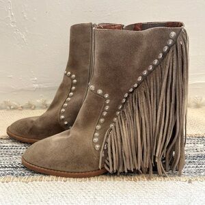 Free People Tan Suede Fringe Western Boots with Silver Stud Accents